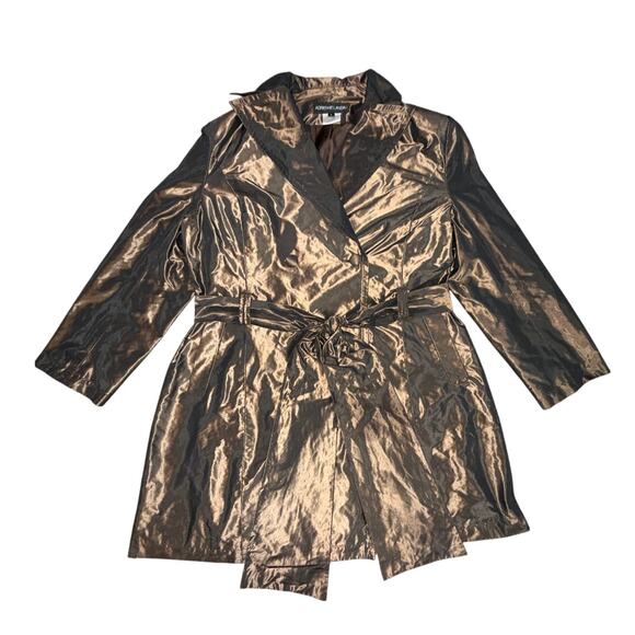 Vtg 90s Adrienne Landau Brown Iridescent Double Breasted Trench Coat Sz L - Picture 2 of 6